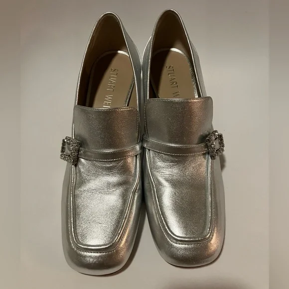 Stuart Weitzman Silver geo Loafers heels with Crystal Buckle 10.5 - Picture 4 of 6